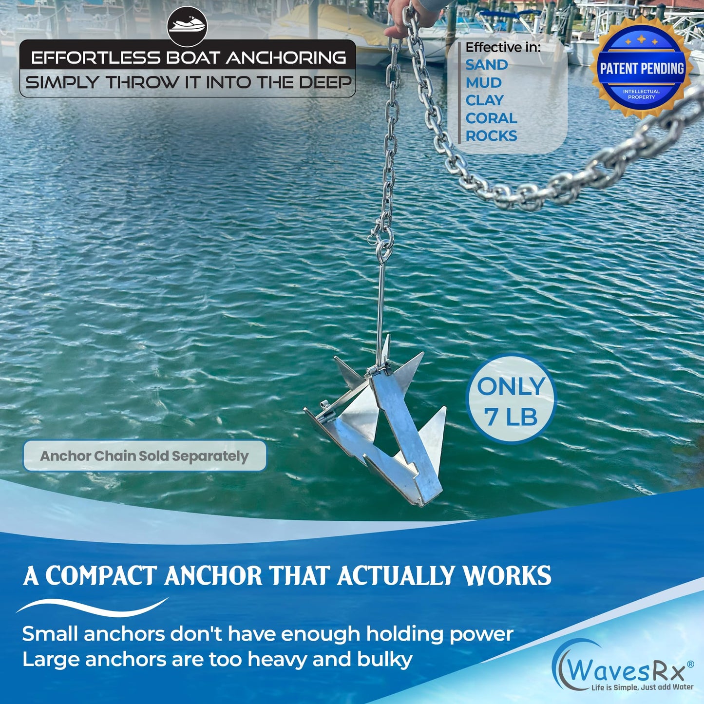 WavesRx 7lb TriAnchor - Stainless Steel Folding Anchor